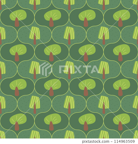 Forest landscape seamless pattern. Trees endless background. Park damask repeat cover. Nature environment loop ornament. Vectorhand drawn illustration. Forest landscape seamless pattern. Trees endless background. Park damask repeat cover. Nature environment loop ornament. Vectorhand drawn illustration. 114963509