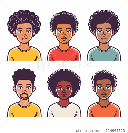 Six diverse cartoon characters, distinct expression clothing color. African ethnicity, different genders depicted, stylized hair, smiling expressions, casual tops, portraitstyle. Illustration male Six diverse cartoon characters, distinct expression clothing color. African ethnicity, different genders depicted, stylized hair, smiling expressions, casual tops, portraitstyle. Illustration male 114963513
