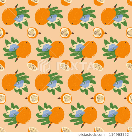 Granadilla half and whole fruit seamless pattern. Tropical fruits and leaves endless background. Yellow passion fruit repeat cover. Exotic sweet grenadia loop ornament. Vector illustration. Granadilla half and whole fruit seamless pattern. Tropical fruits and leaves endless background. Yellow passion fruit repeat cover. Exotic sweet grenadia loop ornament. Vector illustration. 114963532