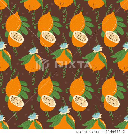 Sweet granadilla whole and half fruit seamless pattern. Tropical fruits with flowers and foliage endless background. Yellow passion fruit repeat cover. Exotic healthy food plant. Vector illustration. 114963542