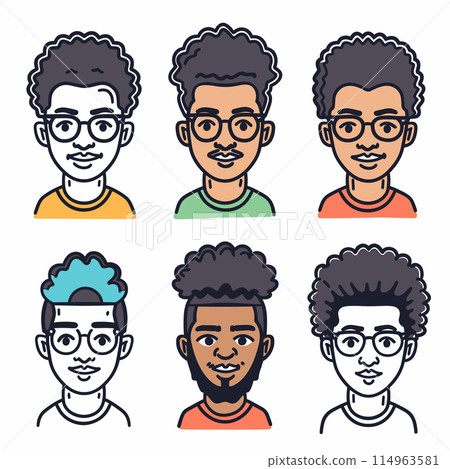Collection six male avatars, young African American men, different hairstyles, beards, glasses. Cartoon style vector illustration diverse facial features, emotions, hairstyles, casual wear. Diverse 114963581