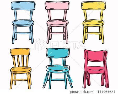 Colorful chairs illustration arranged two rows. Handdrawn style chairs, pink, yellow, blue, colorful furniture. Nine chairs, simple interior seating design, isolated white background 114963621