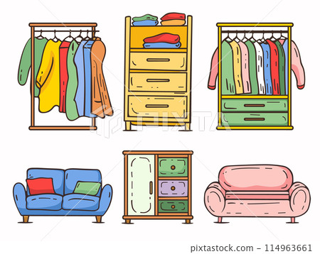 Colorful furniture set featuring wardrobe closet open clothes hanging, drawers colorful folded shirts, cushions living room. Cartoon style furniture interior design wardrobes 114963661