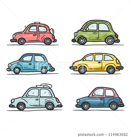 Collection six colorful cartoon cars lined up side side, car has unique color designed whimsical, playful style. Simplified design suitable childrens illustration comic book Collection six colorful cartoon cars lined up side side, car has unique color designed whimsical, playful style. Simplified design suitable childrens illustration comic book 114963682
