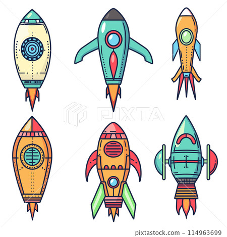 Cartoon rockets colorful space exploration. Retro space ships vector assortment isolated. Handdrawn spacecraft set kids wall art Cartoon rockets colorful space exploration. Retro space ships vector assortment isolated. Handdrawn spacecraft set kids wall art 114963699