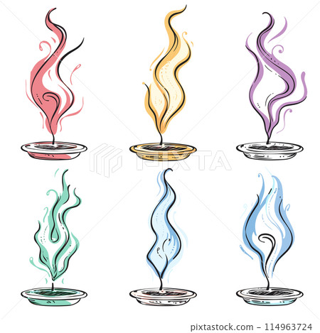Six colorful incense sticks illustration, various colors swirl smoke rising holders. Hand drawn style aromatic incense, different scents represented color. Artistic depiction fragrance sticks 114963724