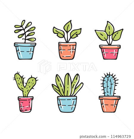 Six colorful potted plants, houseplants doodle style. Indoor plant collection, succulents cacti colorful pots. Flora decor, handdrawn plant illustration, simple botanic garden elements 114963729