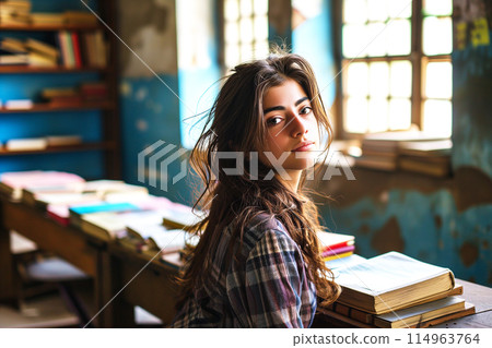 Persian teenage student sitting at the old broken library. Girl in dilapidated library. Female education problem. 114963764