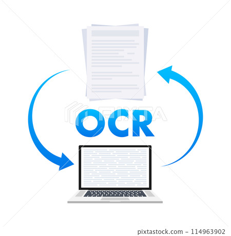 OCR - Optical character recognition. Document scan. Process of recognizing document. Vector stock illustration 114963902