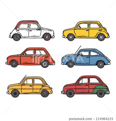 Collection colorful classic cars illustrated various shades. Retro vehicles drawn cartoon style, representing array automobile colors. Vintage cars collection, perfect enthusiasts oldfashioned 114964225