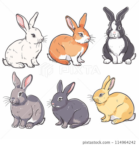 Six handdrawn rabbits, various colors, cute bunny illustrations. Detailed rabbit sketches, pet drawing set, cartoon style. Fluffy animals, white, orange, black, grey, yellow different poses 114964242