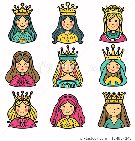 Nine cartoon queens diverse hair colors, styles, facial expressions, crowns, dresses. Young princess characters smile stylized royal attire, varied jeweled tiaras. Childlike nobility drawings 114964243