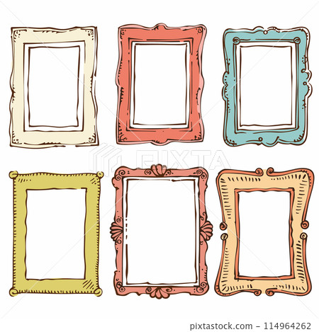 Handdrawn picture frames colorful detailed artwork. Six empty frames various shapes colors, ornamental classic design. Collection different rectangular frames, artistic doodle style Handdrawn picture frames colorful detailed artwork. Six empty frames various shapes colors, ornamental classic design. Collection different rectangular frames, artistic doodle style 114964262