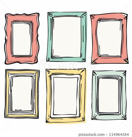 Handdrawn picture frames set six, varying colors doodle styles. Illustrated frames gallery wall, artistic sketches. Home decor, artwork display, multicolored frame sketches Handdrawn picture frames set six, varying colors doodle styles. Illustrated frames gallery wall, artistic sketches. Home decor, artwork display, multicolored frame sketches 114964264