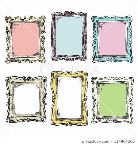 Hand drawn ornate frames colorful set, vintage decorative borders, classic elegant frame collection. Six various frame designs artistic sketch, colorful gallery wall decor, empty frames. Colored Hand drawn ornate frames colorful set, vintage decorative borders, classic elegant frame collection. Six various frame designs artistic sketch, colorful gallery wall decor, empty frames. Colored 114964266