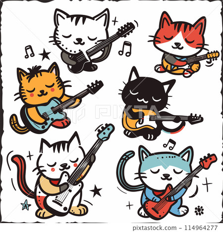 Six cartoon cats playing guitars, musical notes surrounding them, cute feline band. Cats strum electric acoustic guitars, multicolored instruments, happy expressions. Handdrawn style, colorful Six cartoon cats playing guitars, musical notes surrounding them, cute feline band. Cats strum electric acoustic guitars, multicolored instruments, happy expressions. Handdrawn style, colorful 114964277