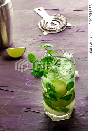 Mojito cocktail. Summer cold drink with lime, fresh mint, and ice. Cool beverage 114964278