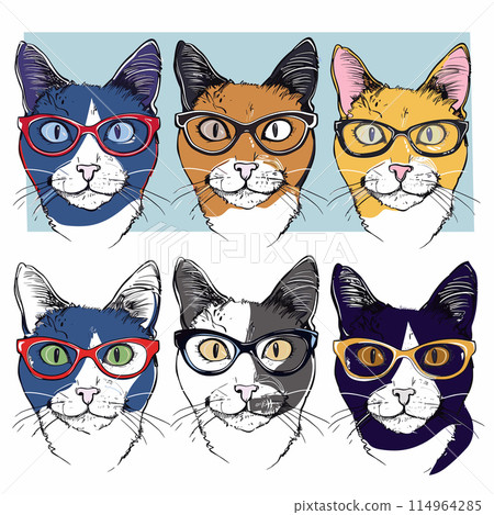 Six stylized cat faces wearing different glasses, colorful, quirky fashion feline portraits. Illustration diverse hipster cats eyewear, trendy animal design, blue background. Cool cats glasses comic Six stylized cat faces wearing different glasses, colorful, quirky fashion feline portraits. Illustration diverse hipster cats eyewear, trendy animal design, blue background. Cool cats glasses comic 114964285