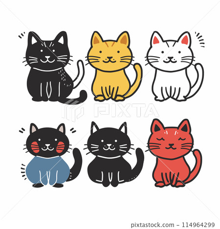 Six cute cartoon cats various colors smiling happily. Diverse set feline characters wearing simple, friendly expressions. Handdrawn style kitties perfect petthemed design 114964299