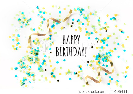 Happy birthday greeting card with confetti, golden stars and ribbons 114964313