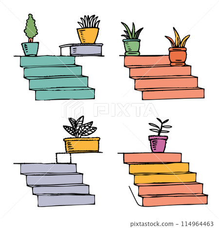 Stacked books potted plants sketch, colorful drawing reading material houseplants. Handdrawn illustration books shelves indoor foliage, home library decor concept. Creative doodle art book piles 114964463