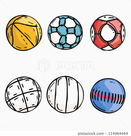 Collection sports balls illustration isolated white background. Handdrawn basketball, soccer ball, volleyball, softball, bowling ball colorful design. Sporting goods team sports, games, activities Collection sports balls illustration isolated white background. Handdrawn basketball, soccer ball, volleyball, softball, bowling ball colorful design. Sporting goods team sports, games, activities 114964469