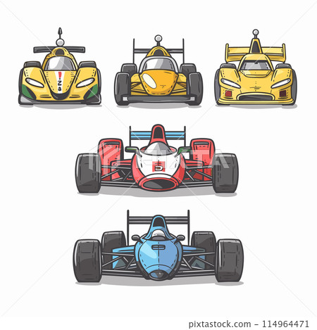 Three racing cars, colorful detailed design, front top views. Motorsport theme, speed competition. Professional race car vehicle illustrations, isolated white background Three racing cars, colorful detailed design, front top views. Motorsport theme, speed competition. Professional race car vehicle illustrations, isolated white background 114964471