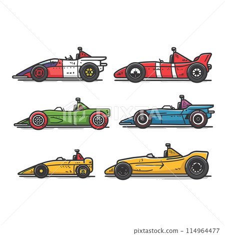 Colorful cartoon racing cars lined up, different designs, motorsport theme. Vector illustration formula cars, red, green, blue, yellow, side view. Sporty openwheel singleseater vehicles, racing Colorful cartoon racing cars lined up, different designs, motorsport theme. Vector illustration formula cars, red, green, blue, yellow, side view. Sporty openwheel singleseater vehicles, racing 114964477