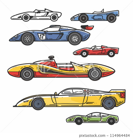Collection vintage race cars, colorful retro racing vehicles, classic speed automobiles, motorsport icons. Set different styles colors oldfashioned race cars, motorsport illustrations. Cartoonish Collection vintage race cars, colorful retro racing vehicles, classic speed automobiles, motorsport icons. Set different styles colors oldfashioned race cars, motorsport illustrations. Cartoonish 114964484