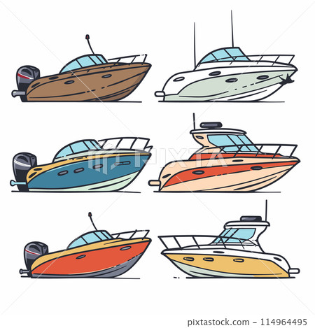 Six stylized boats various colors designs. Motorboats illustrated side view important marine transportation recreational boating. Bright hues wooden looks modern vessels nautical themes artwork 114964495