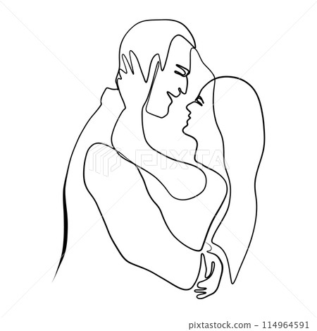 Continuous drawing of lines. Line art of kissing lovers. Continuous line drawing. Continuous drawing of lines. Line art of kissing lovers. Continuous line drawing. 114964591