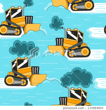 Yellow track-type tractor or bulldozer removing snow seamless pattern 114964605