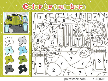 Car themed coloring page by number for kids with cute garbage truck Car themed coloring page by number for kids with cute garbage truck 114964608