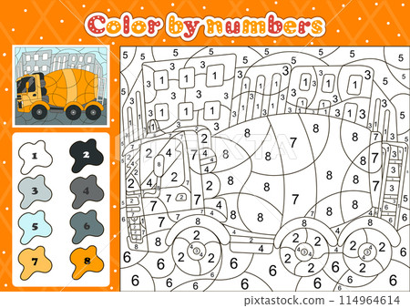 Car themed coloring page by number for kids with concerete mixer 114964614