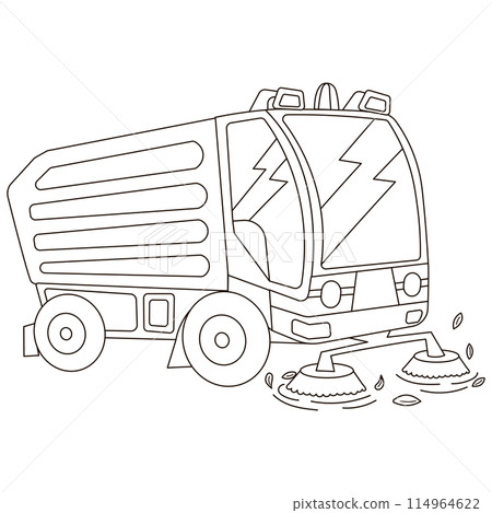 Mini street sweeper truck in black and white style from side view Mini street sweeper truck in black and white style from side view 114964622