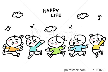 Men and women running around energetically while jumping with smiles on their faces Happiness Hope Fun Simple and cute line drawing illustration Men and women running around energetically while jumping with smiles on their faces Happiness Hope Fun Simple and cute line drawing illustration 114964630