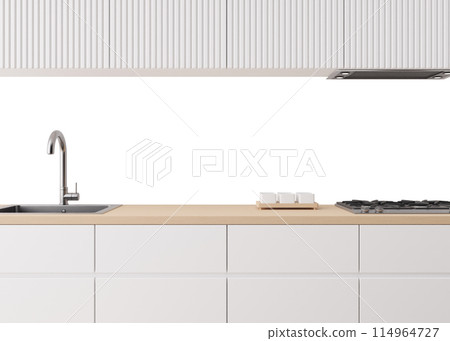 Modern kitchen splashback mockup. Kitchen furniture and blank white isolated backwall ready to insert picture, print. Minimalist design. Back wall mock up, template. Countertop and upper cabinets. 3D. 114964727