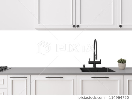 Modern kitchen splashback mockup. Kitchen furniture and blank white isolated backwall ready to insert picture, print. Minimalist design. Back wall mock up, template. Countertop and upper cabinets. 3D. Modern kitchen splashback mockup. Kitchen furniture and blank white isolated backwall ready to insert picture, print. Minimalist design. Back wall mock up, template. Countertop and upper cabinets. 3D. 114964730