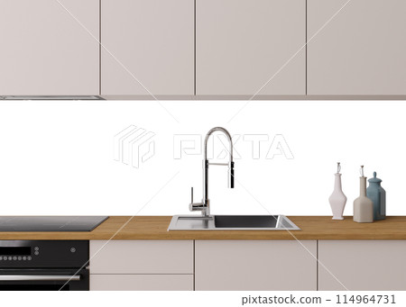 Modern kitchen splashback mockup. Kitchen furniture and blank white isolated backwall ready to insert picture, print. Minimalist design. Back wall mock up, template. Countertop and upper cabinets. 3D. 114964731