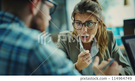 一個男人和一個女人在會議上爭吵 一個男人和一個女人在會議上爭吵 114964749