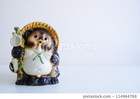 白色背景中可愛的信樂浣熊狗，複製空間 114964768