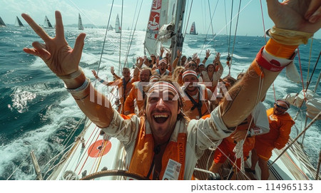 Participants of the regatta during congratulations: unity after a victorious performance on the water 114965133