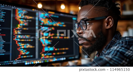 a team of innovators in IT working on an advanced application for a programming project 114965150