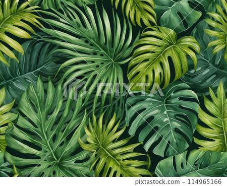 Paint drawing of large tropical leaves close-up 114965166