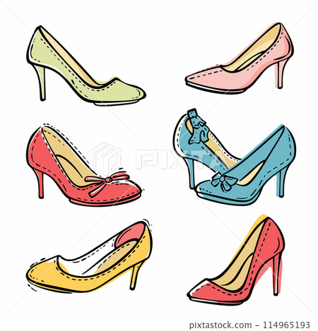 Collection handdrawn womens high heels, various designs, colors. Fashion footwear, stiletto kitten heels, stylish shoes isolated white background. Trendy female shoe illustrations, fashion Collection handdrawn womens high heels, various designs, colors. Fashion footwear, stiletto kitten heels, stylish shoes isolated white background. Trendy female shoe illustrations, fashion 114965193