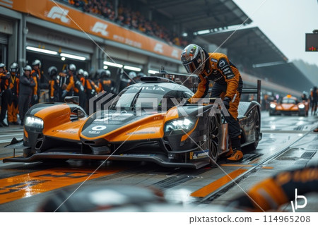 An engineer steers the car into the pit lane during a race 114965208