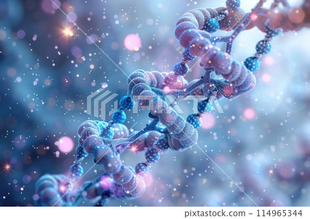 Abstract blue and purple DNA double helix structure on white glittering background 114965344