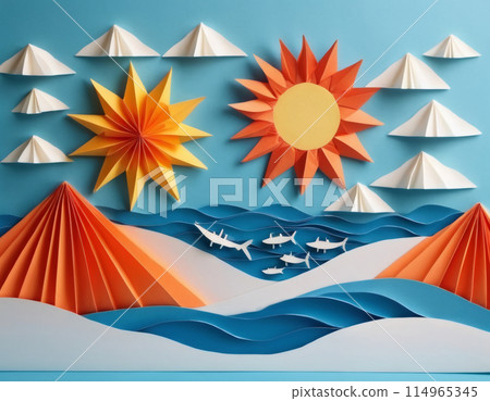 Composition of paper origami beach 114965345