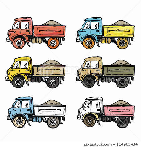 Handdrawn vector illustration colorful dump trucks loaded sand. Various truck colors include red, blue, yellow, brown isolated white background. Vintage style construction vehicles simplified 114965434