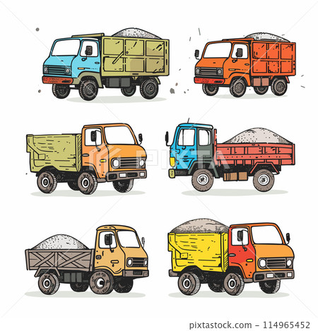 Six handdrawn dump trucks illustrated various colors loaded construction materials. Cartoony style dump trucks feature gravel sand loads building sites. Drawings depict diverse colors, wheel Six handdrawn dump trucks illustrated various colors loaded construction materials. Cartoony style dump trucks feature gravel sand loads building sites. Drawings depict diverse colors, wheel 114965452